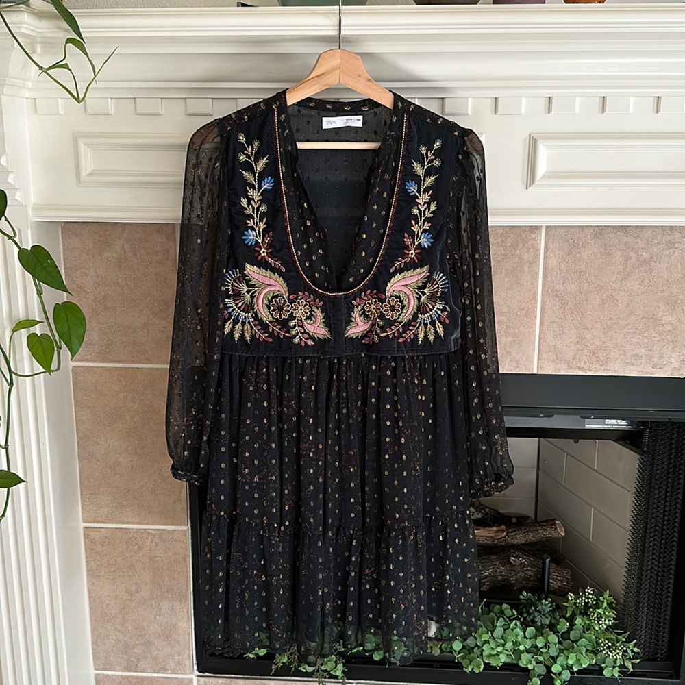 Zara Boho Multicolor Embroidered Ballon Sleeve Dress Size 13/14